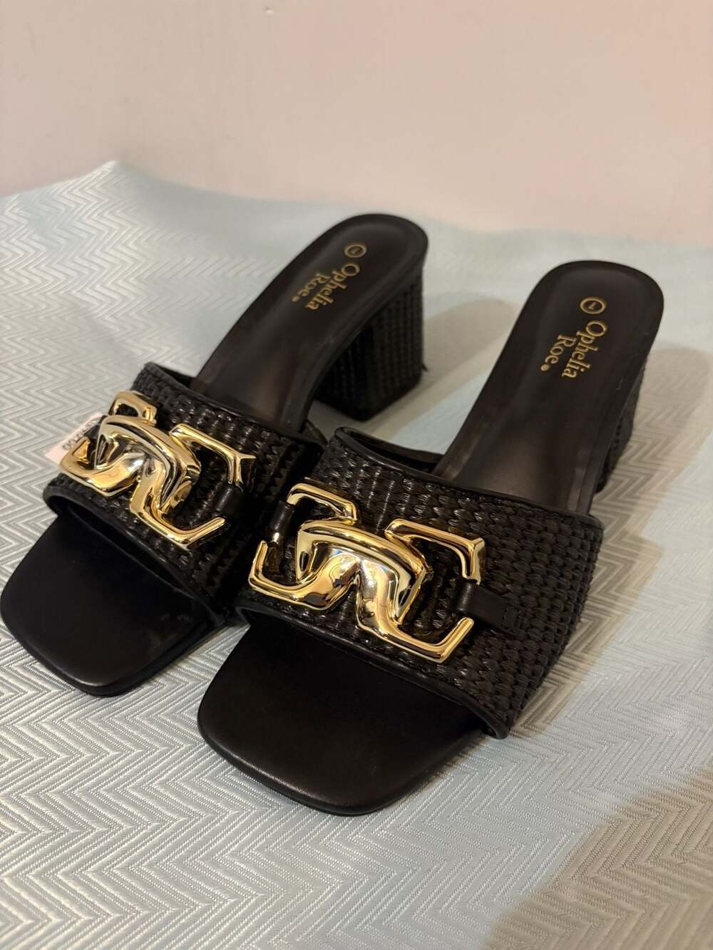 Ophelia Roe Black Square Open Toe Block Heel slide sandal Gold Detail 002-037